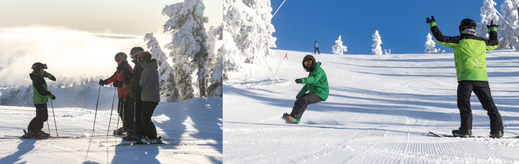 Collage of skiers receiving instructions in a group and a snowboarder receiving instruction one on one