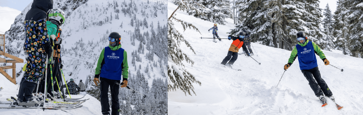 Collage of youth skiers with instructor receiving instructions and skiing.
