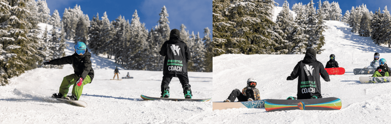 Snowboarders receiving instruction from a VI Riders coach.