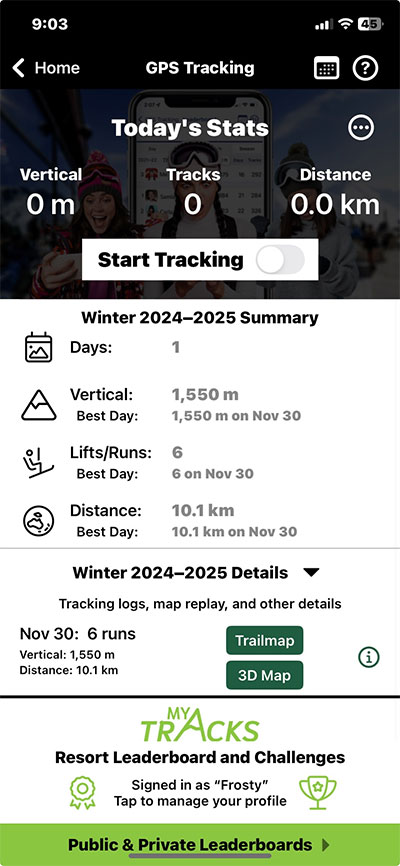 MyTracks map and day log