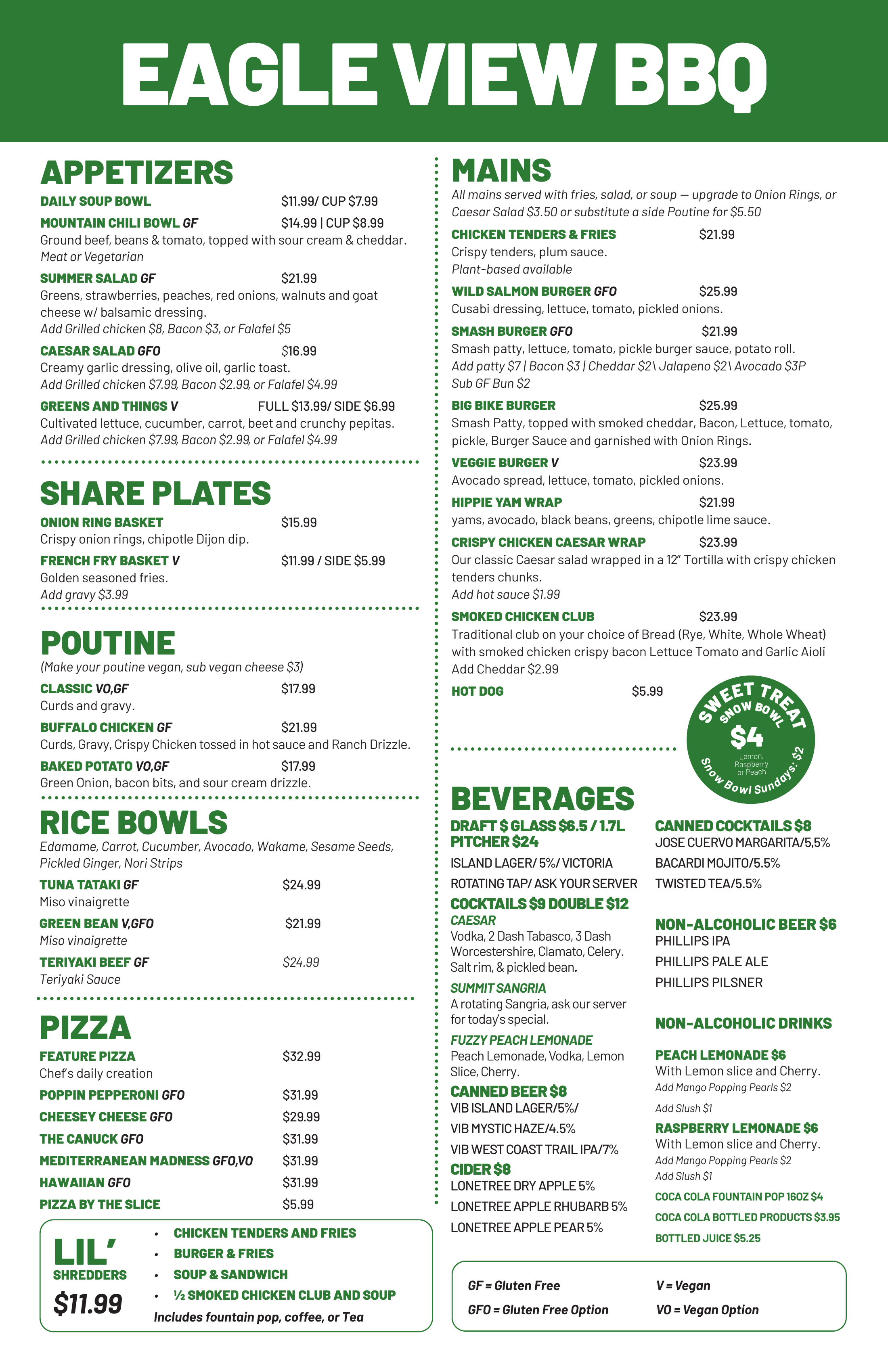 Eagle View Bistro summer menu