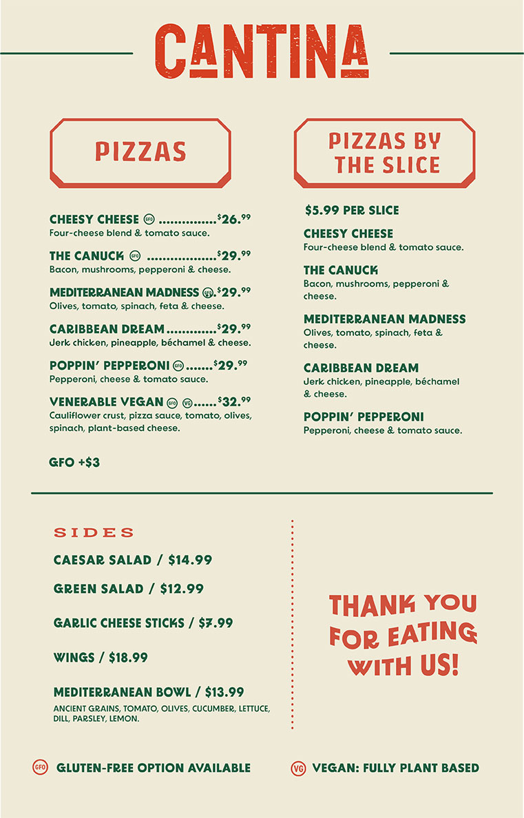 The Cantina menu