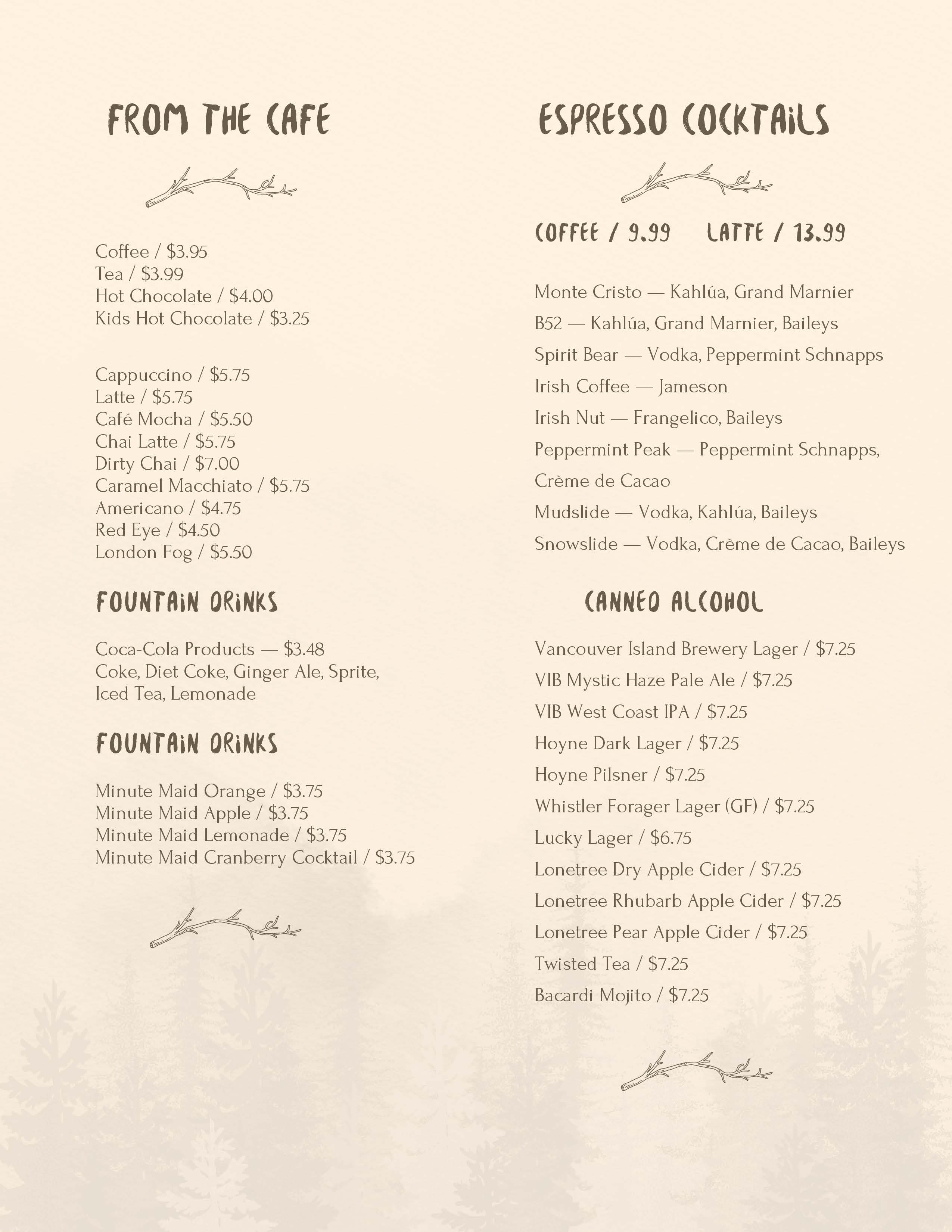Raven Lodge 2026 fondue drink menu