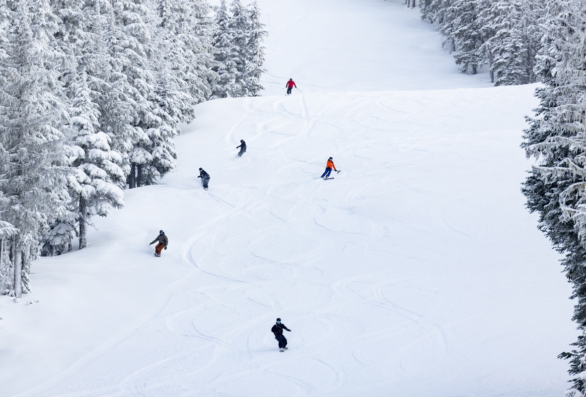 Six riders heading up the mountain together